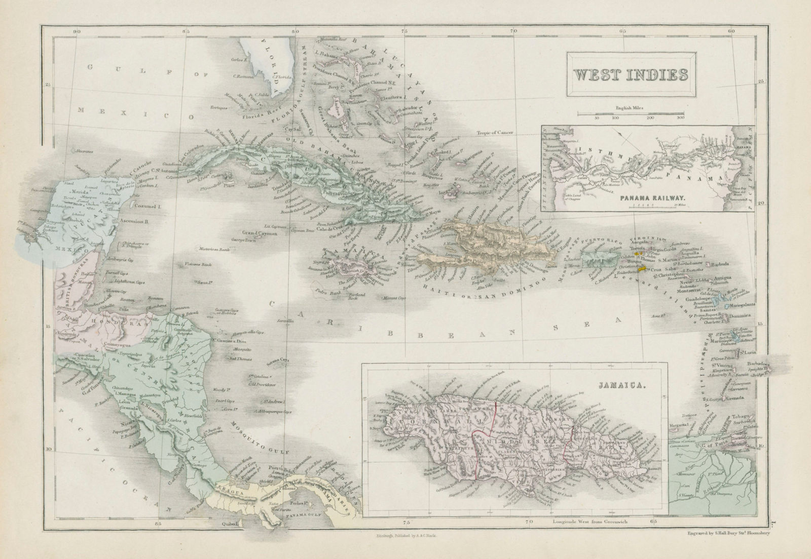 West Indies. Inset Panama Railway & Jamaica. Caribbean. SIDNEY HALL 1856 map