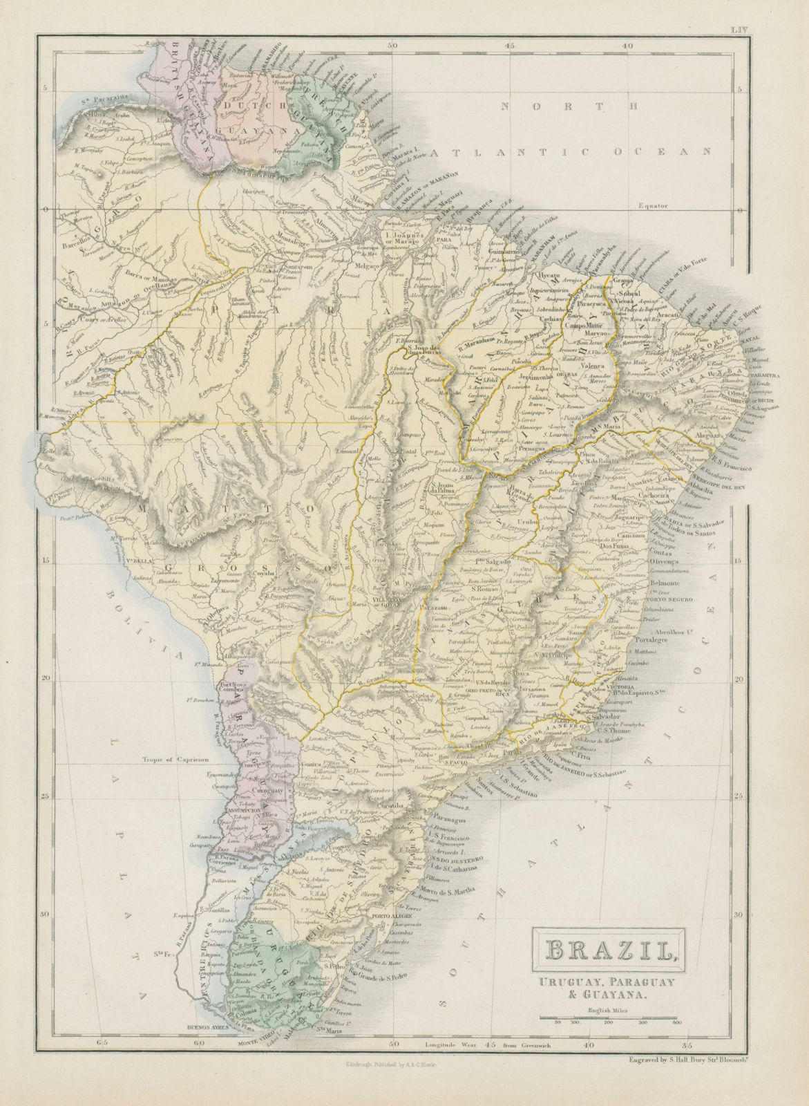 Brazil, Uruguay, Paraguay & Guayana. Banda Oriental. Guianas. HALL 1856 map