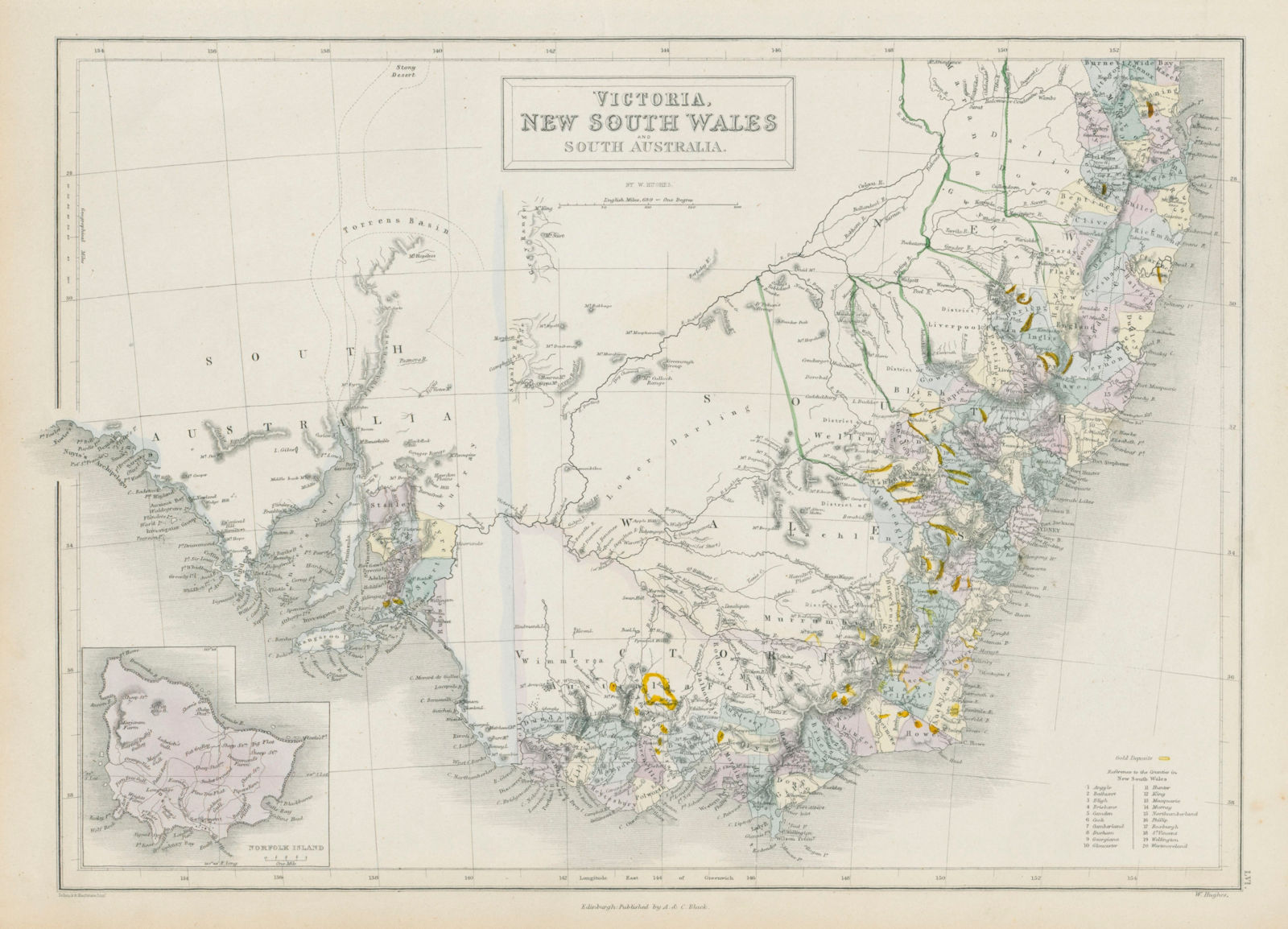 Victoria, New South Wales & South Australia Goldfields. Norfolk Island 1856 map