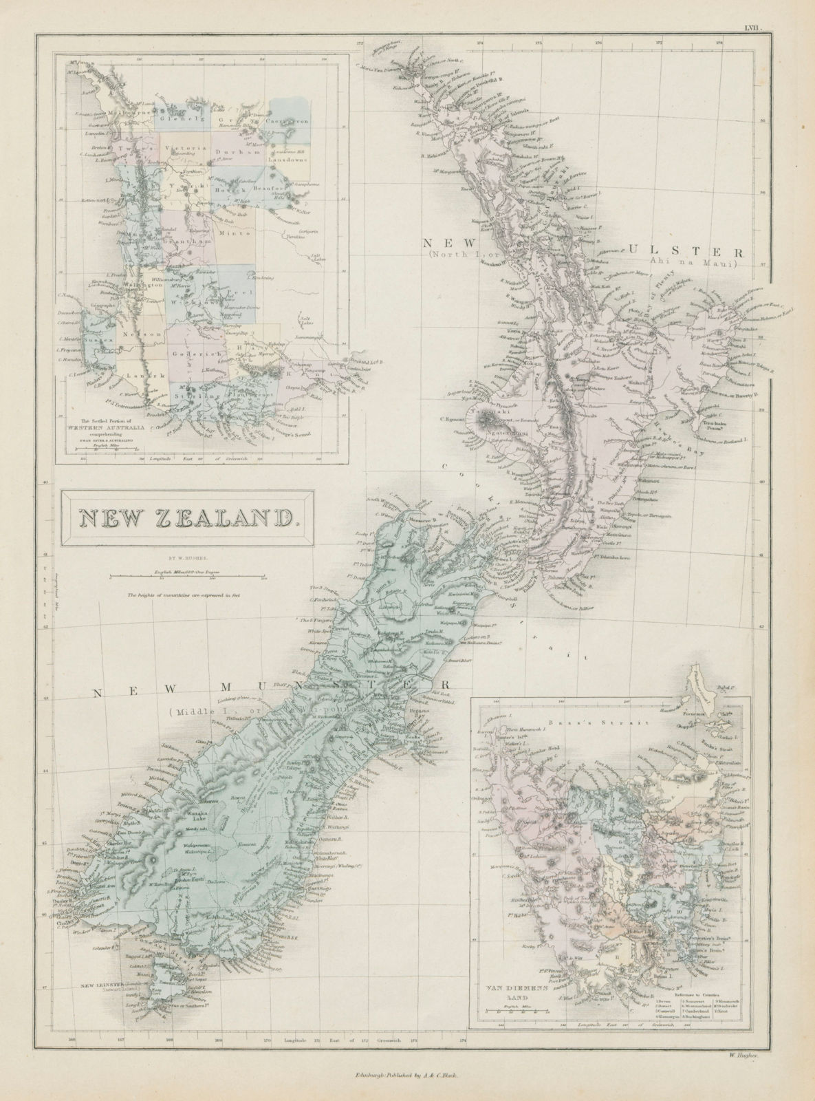 New Zealand "New Ulster" & "New Munster" (North & South I). HUGHES 1856 map