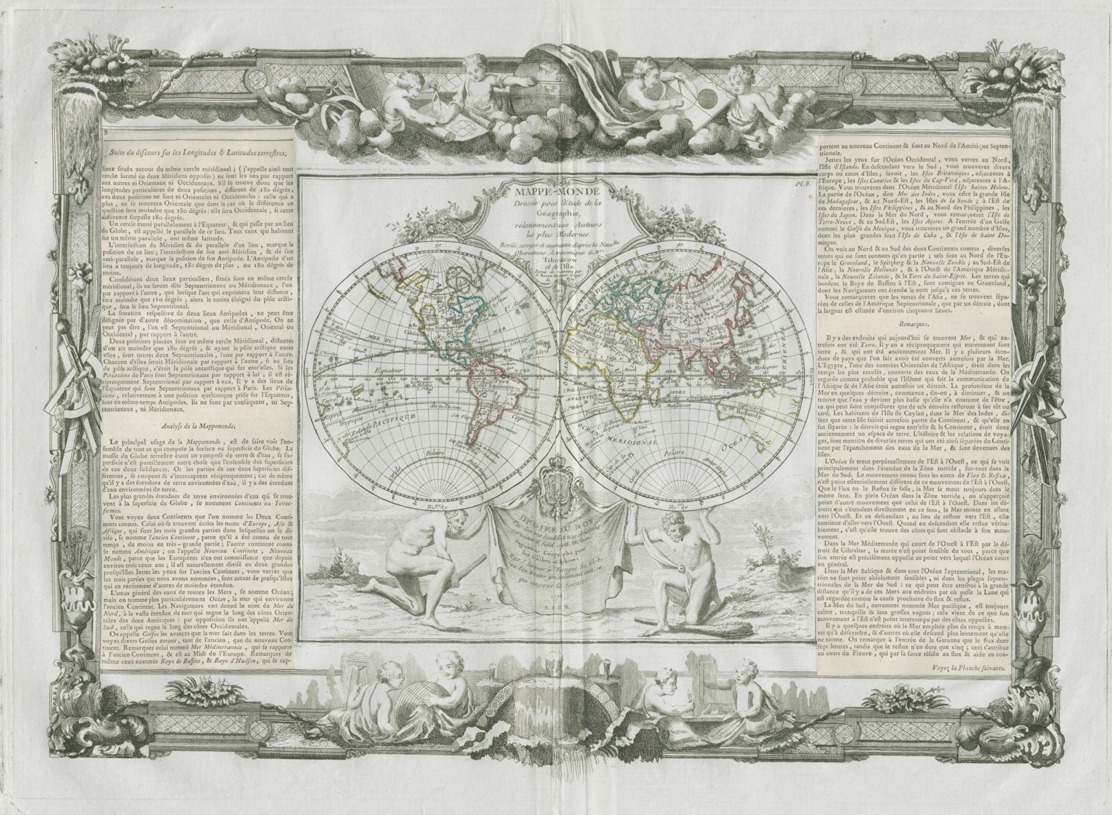 "Mappe-Monde". The World in twin hemispheres. DESNOS/DE LA TOUR 1771 old