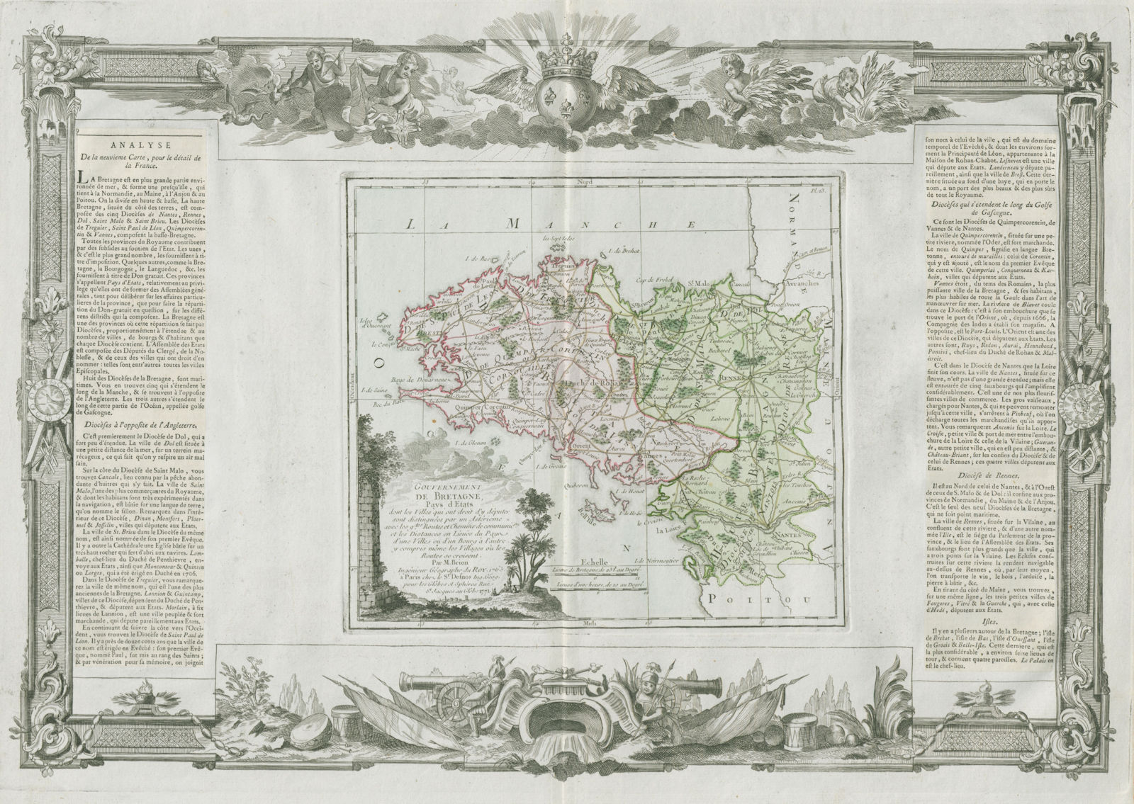 "Gouvernement de Bretagne". Brittany. DESNOS/DE LA TOUR 1771 old antique map