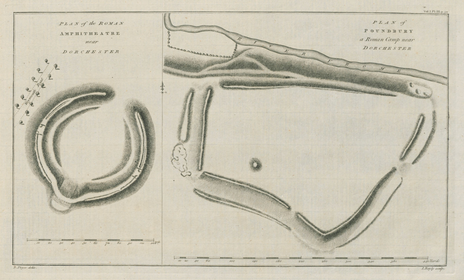 Dorchester. Maumbury Rings. Poundbury Roman Camp hill fort. Ground plan 1789 map