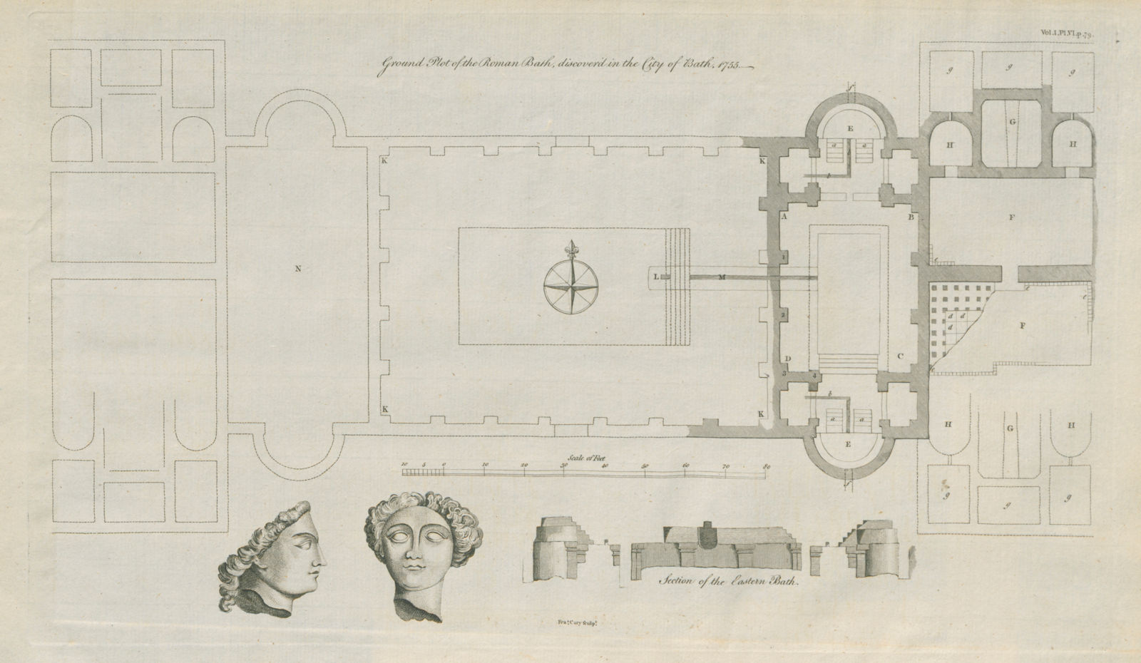 Ground plot of the Roman Bath discover'd in the City of Bath 1755. CARY 1789 map