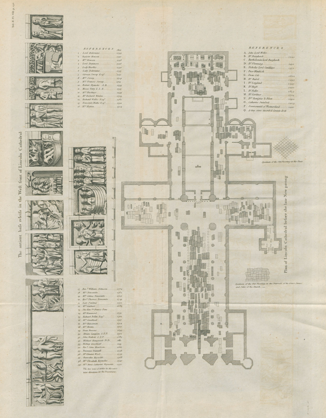 Plan of Lincoln Cathedral before Georgian renovations. Bas reliefs 1789 map
