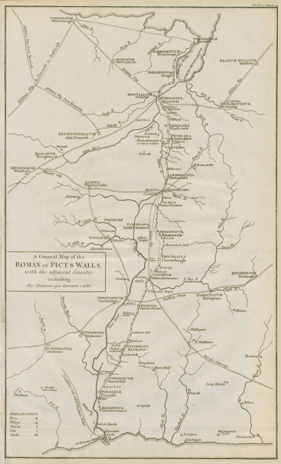 Hadrian's Wall. "A map of the Roman or Picts' walls…". CARY 1789 old