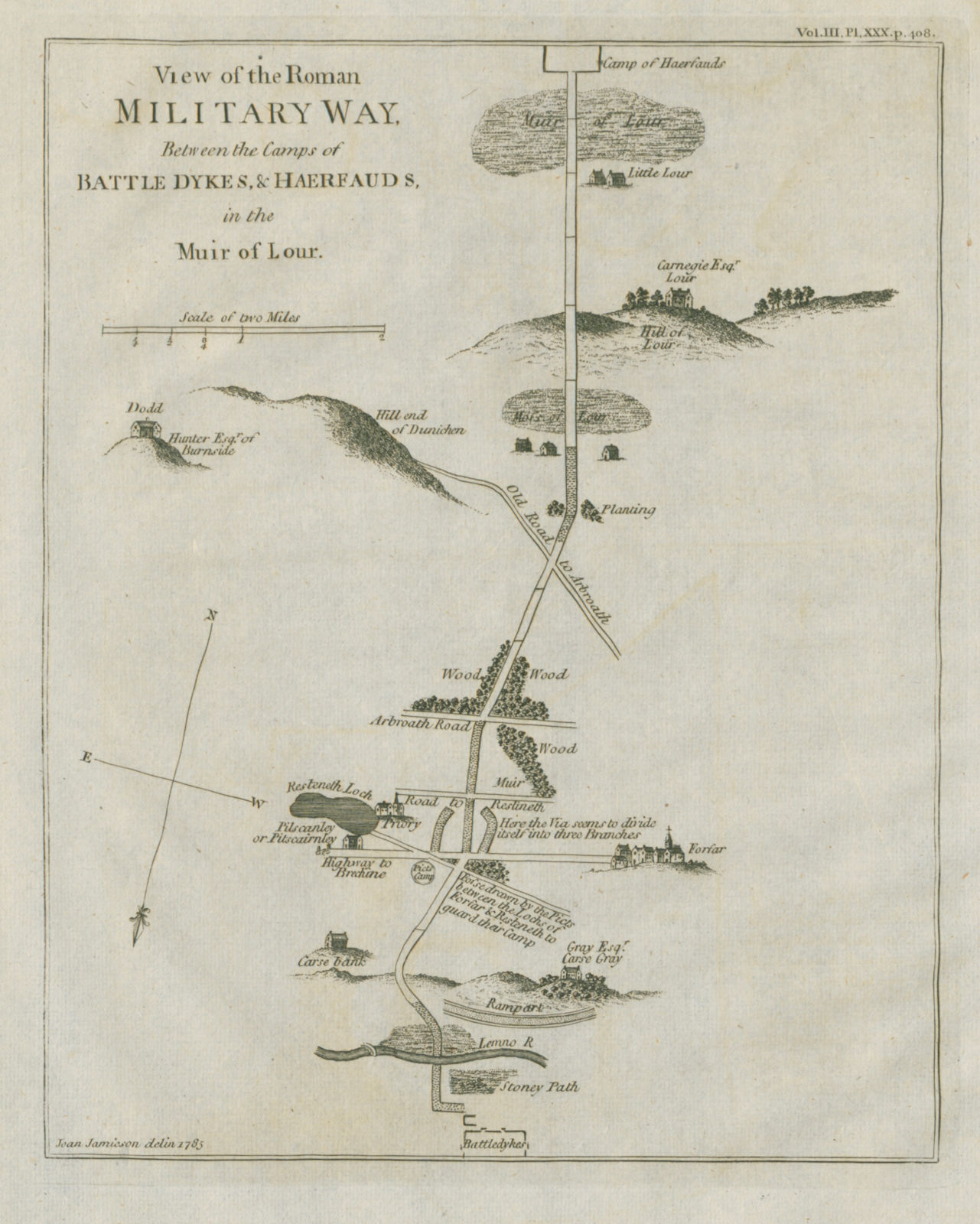 Roman road map Battledykes - Hallforest /  Muir of Lour. Forfar Scotland 1789