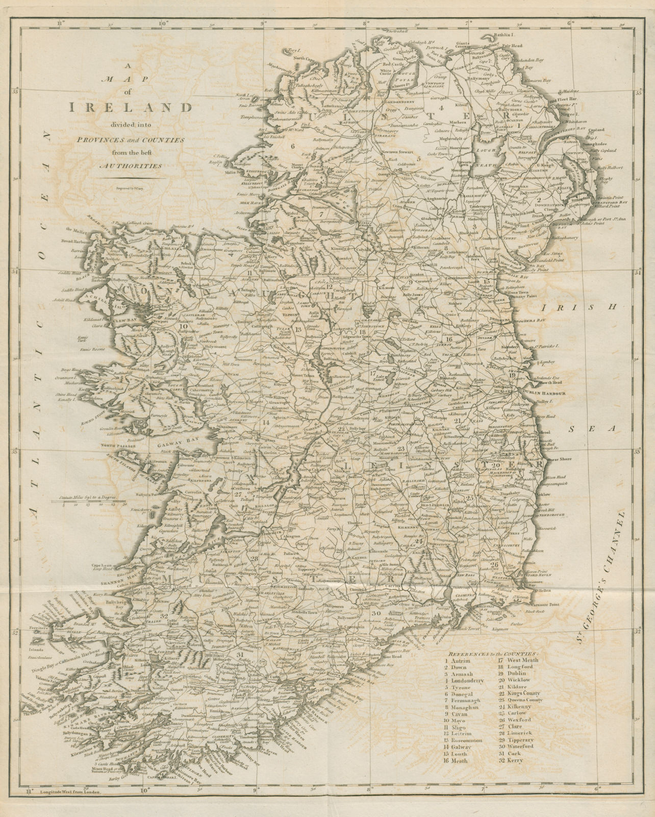 "A map of Ireland divided into provinces and counties…" by John CARY 1789