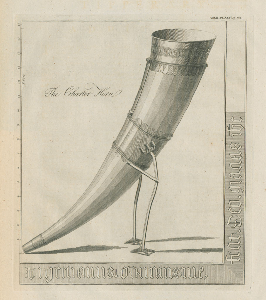 The Kavanagh Charter Horn. Ceremonial drinking horn 1789 old antique print
