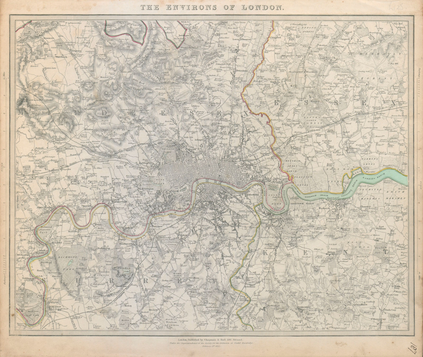 LONDON & ENVIRONS. Middlesex Kent Essex Surrey.  Coloured. SDUK c1844 old map