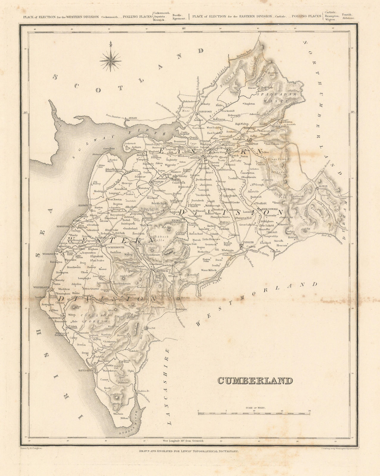 Associate Product Antique county map of CUMBERLAND / Cumbria by Starling, Creighton & Lewis c1840