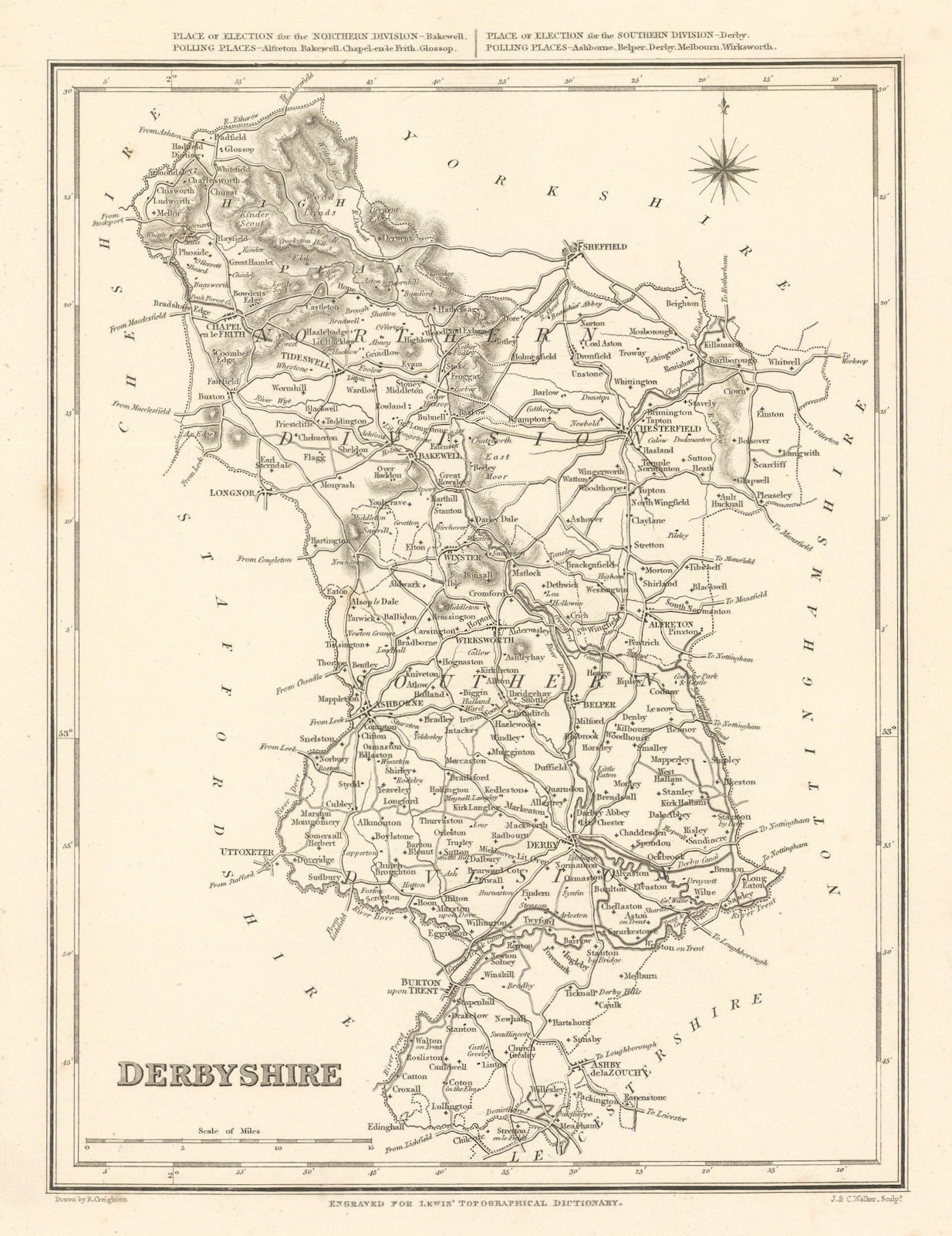 Associate Product Antique county map of DERBYSHIRE by Walker & Creighton for Lewis c1840 old