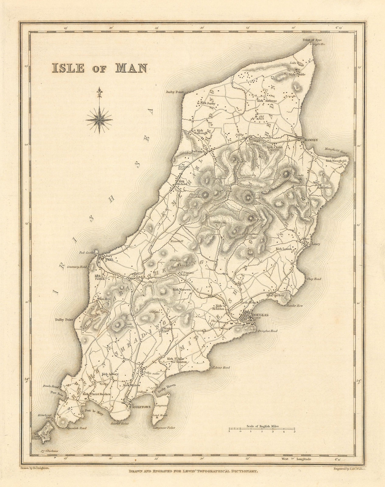Antique map of the ISLE OF MAN by Walker & Creighton for Lewis c1840 old