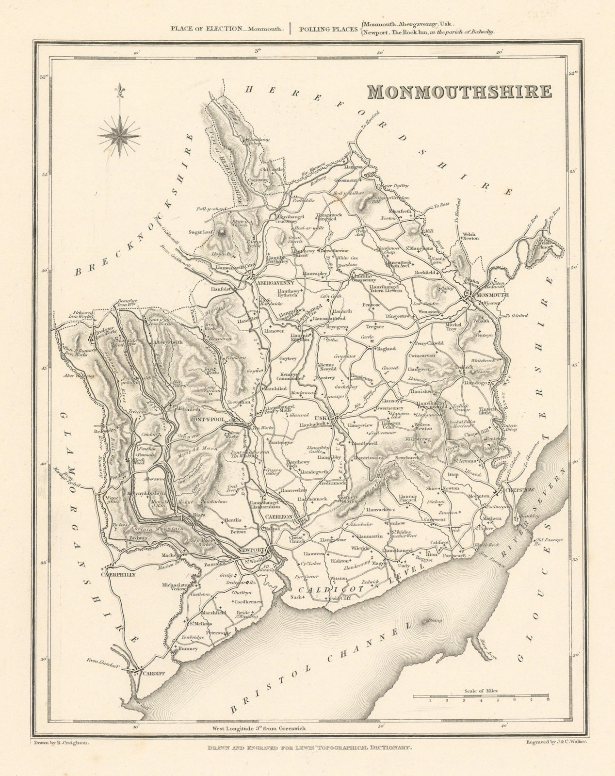 Antique county map of MONMOUTHSHIRE by Walker & Creighton for Lewis c1840