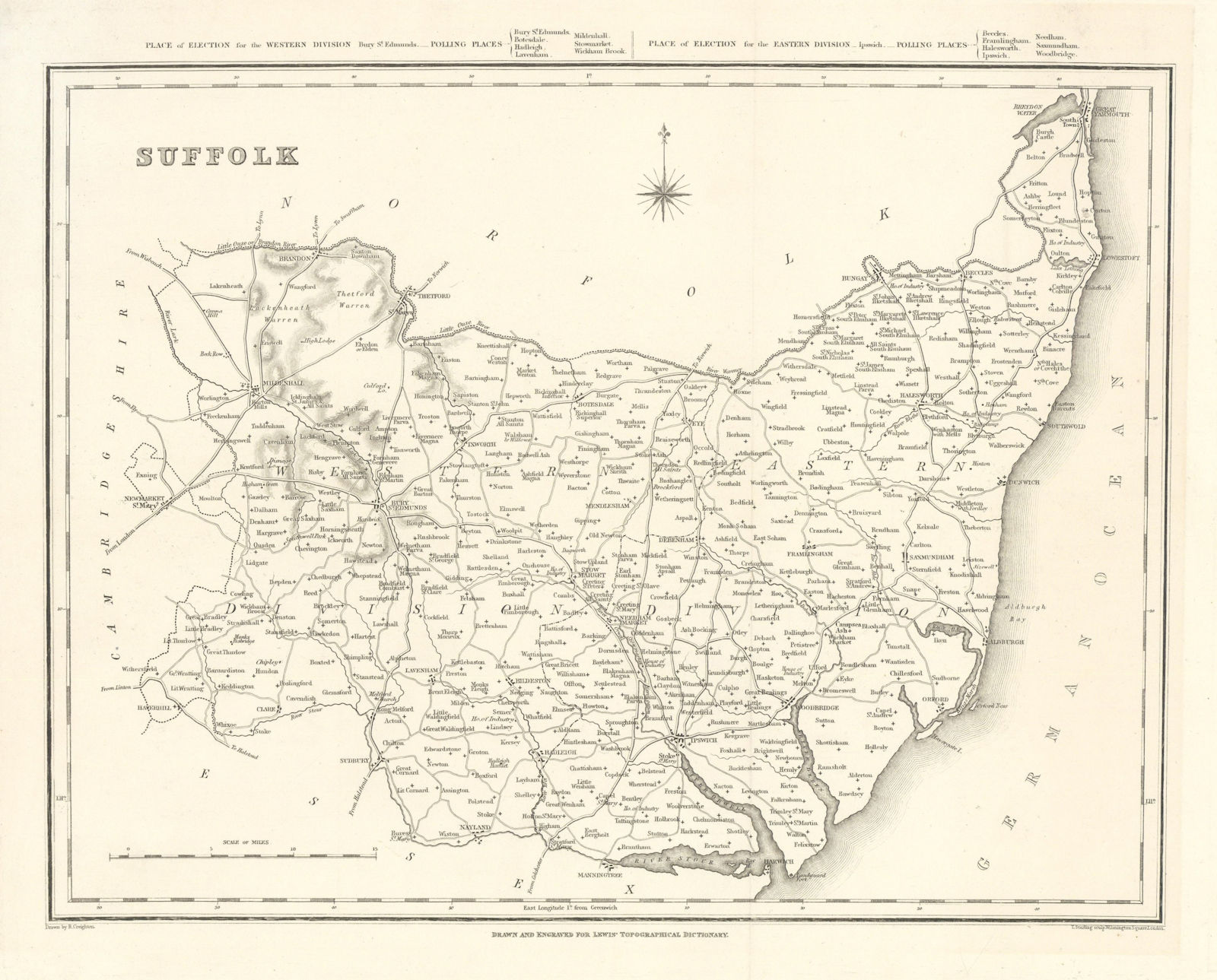 Associate Product Antique county map of SUFFOLK by Starling & Creighton for Lewis c1840 old