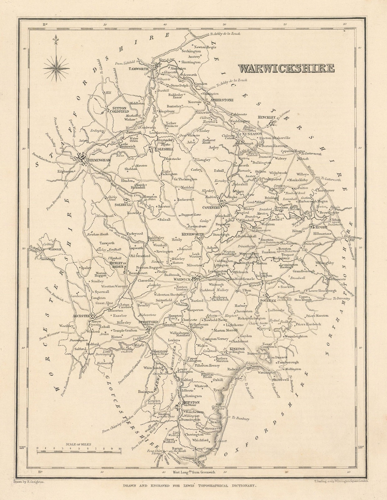 Antique county map of WARWICKSHIRE by Starling & Creighton for Lewis c1840