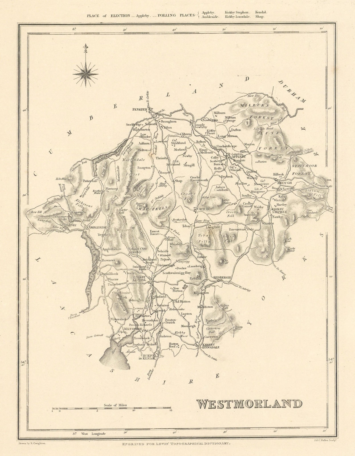 Antique county map of WESTMORLAND by Walker Creighton Lewis. Lake District c1840