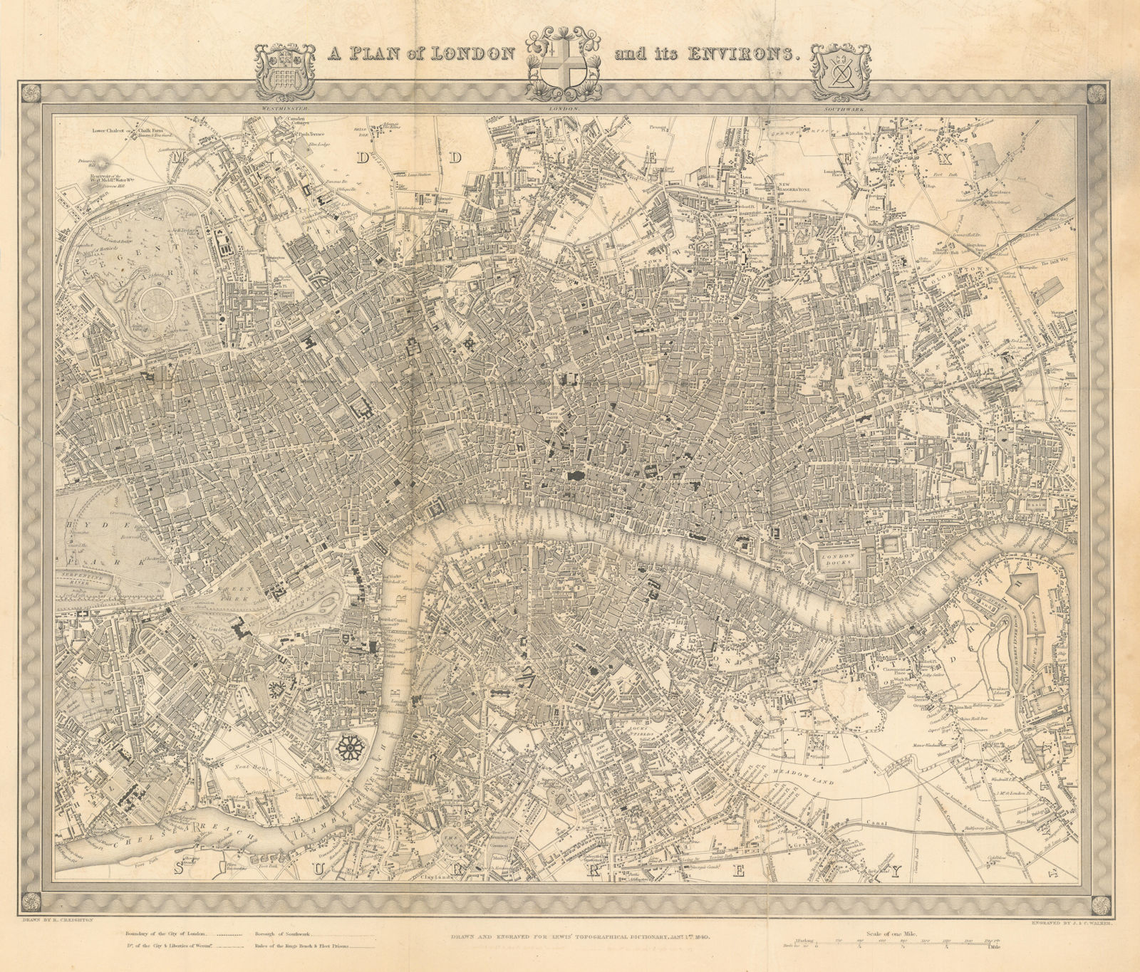 Associate Product "A plan of London and its environs" by WALKER and CREIGHTON for LEWIS c1840 map