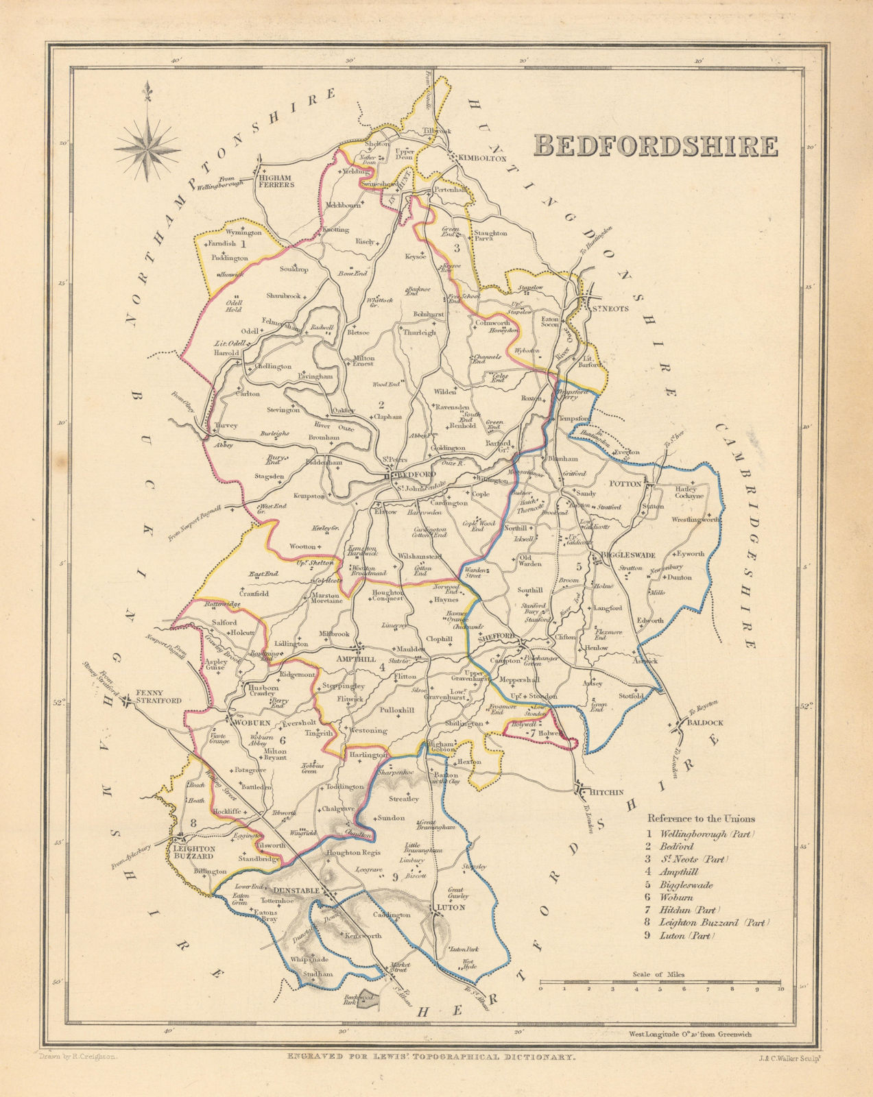 Associate Product Antique county map of BEDFORDSHIRE by Creighton & Walker for Lewis c1840