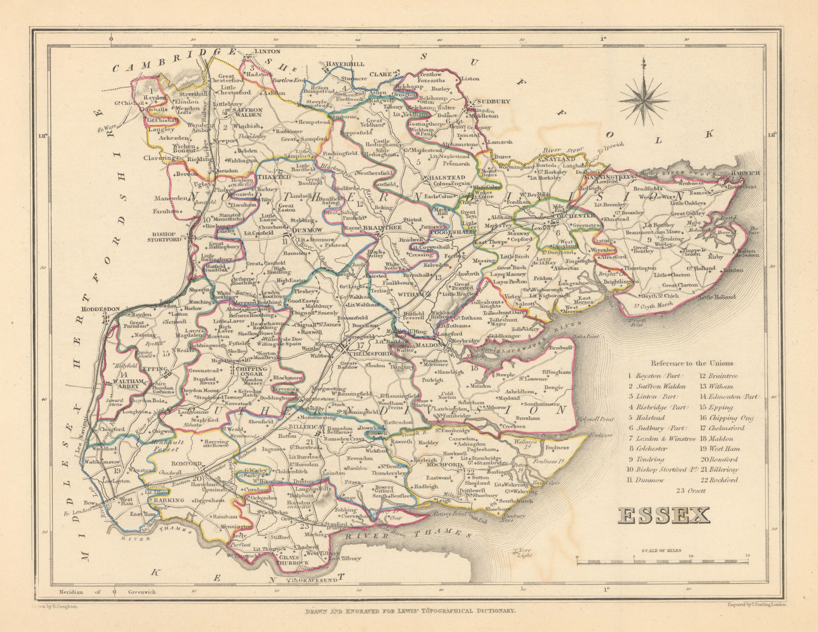 Antique county map of ESSEX by Creighton & Starling for Lewis c1840 old