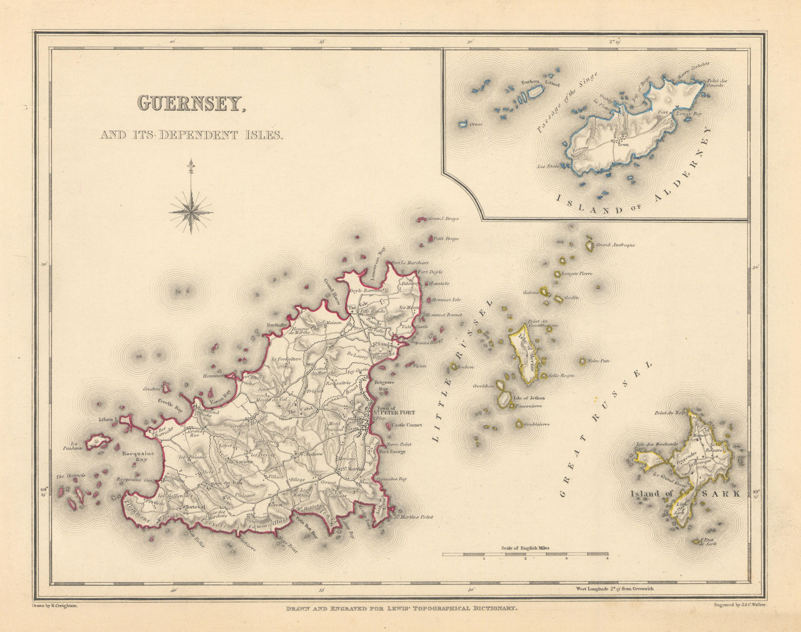 Antique map of GUERNSEY, SARK & ALDERNEY by Creighton & Walker for Lewis c1840