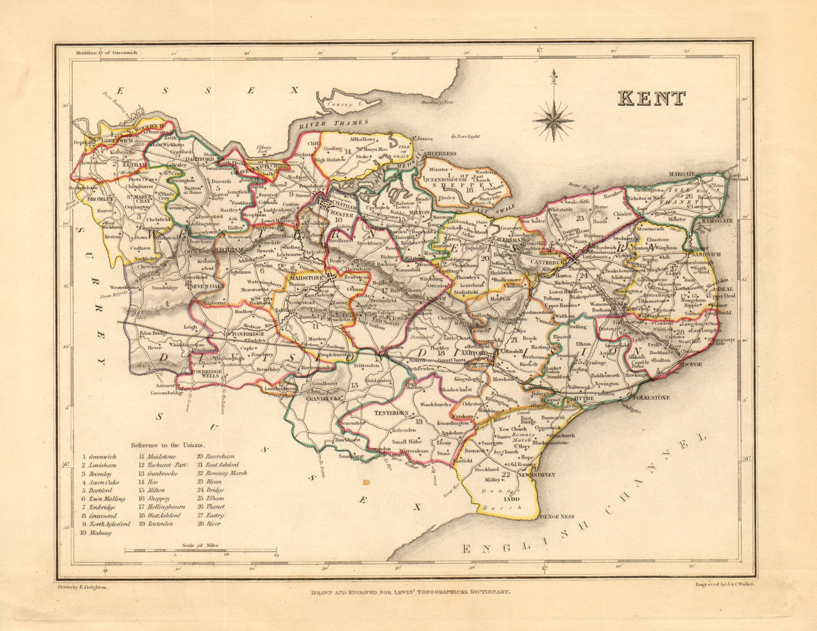 Associate Product Antique county map of KENT by Creighton & Walker for Lewis c1840 old