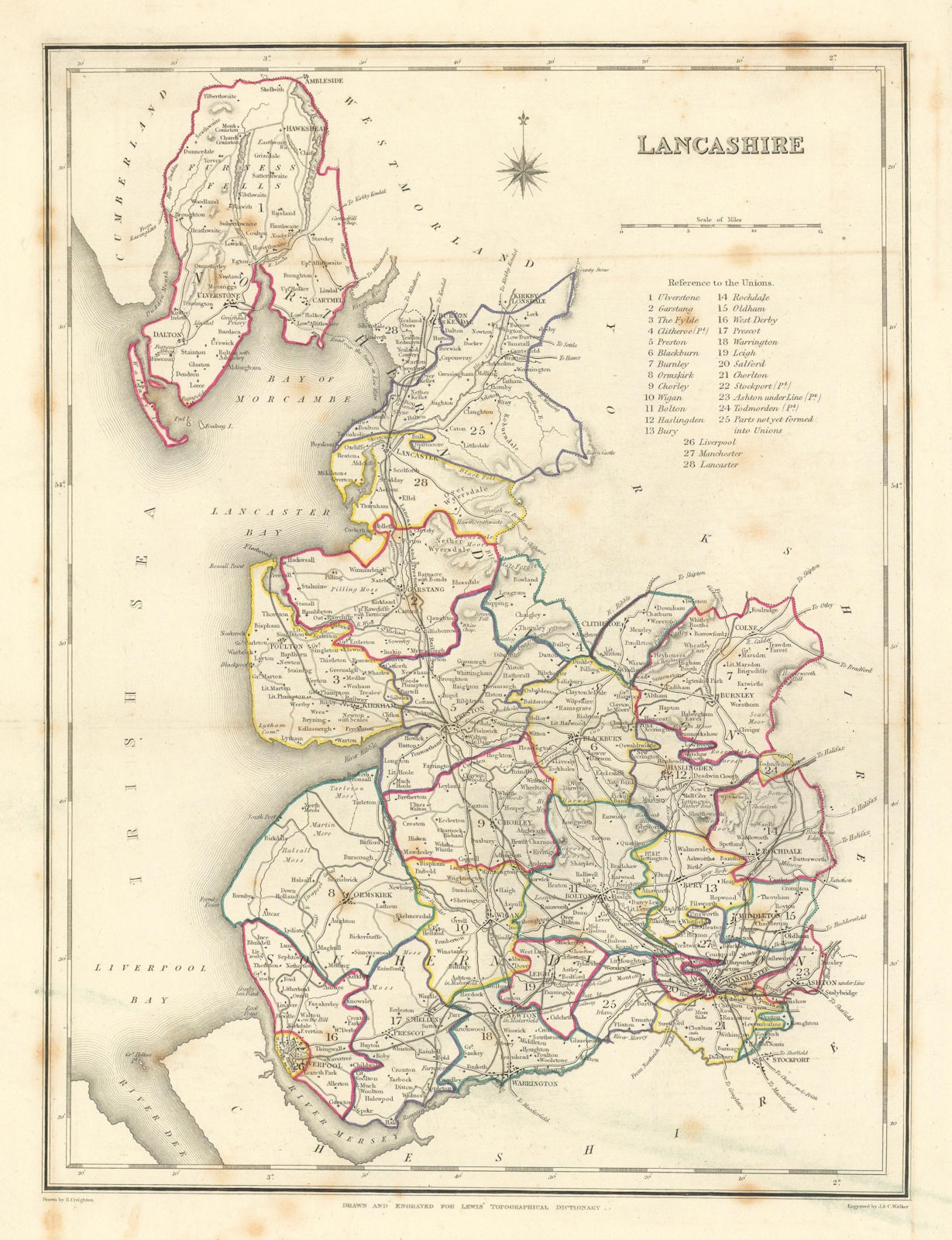 Antique county map of LANCASHIRE by Creighton & Walker for Lewis c1840 old