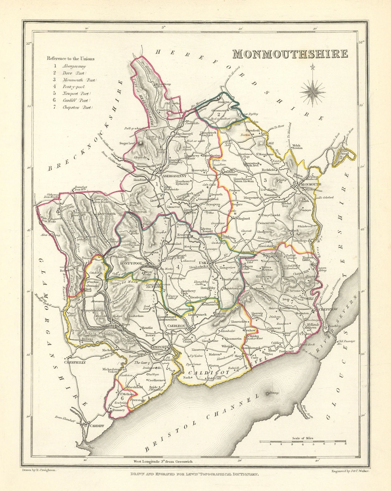 Antique county map of MONMOUTHSHIRE by Creighton & Walker for Lewis c1840