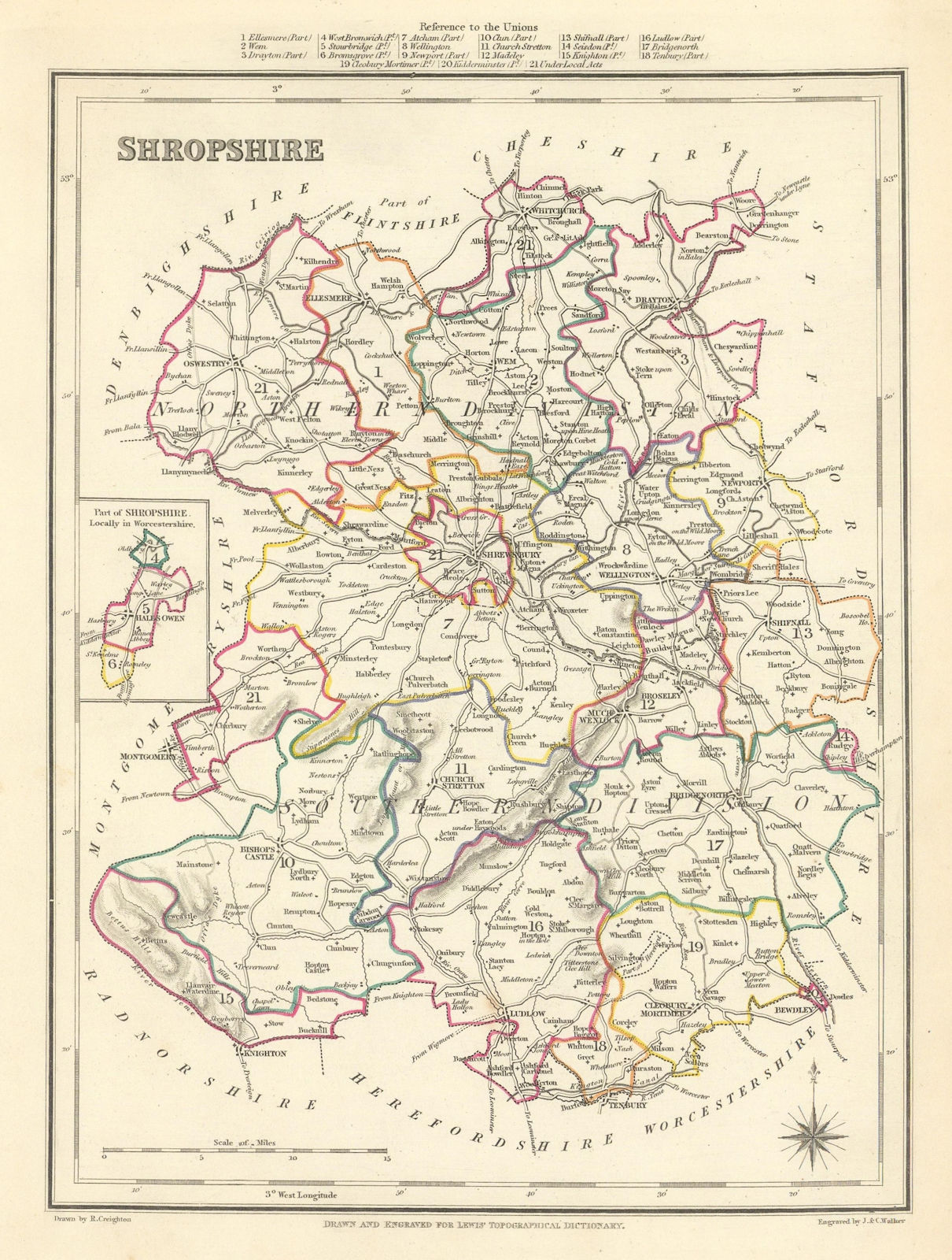 Antique county map of SHROPSHIRE by Creighton & Walker for Lewis c1840 old