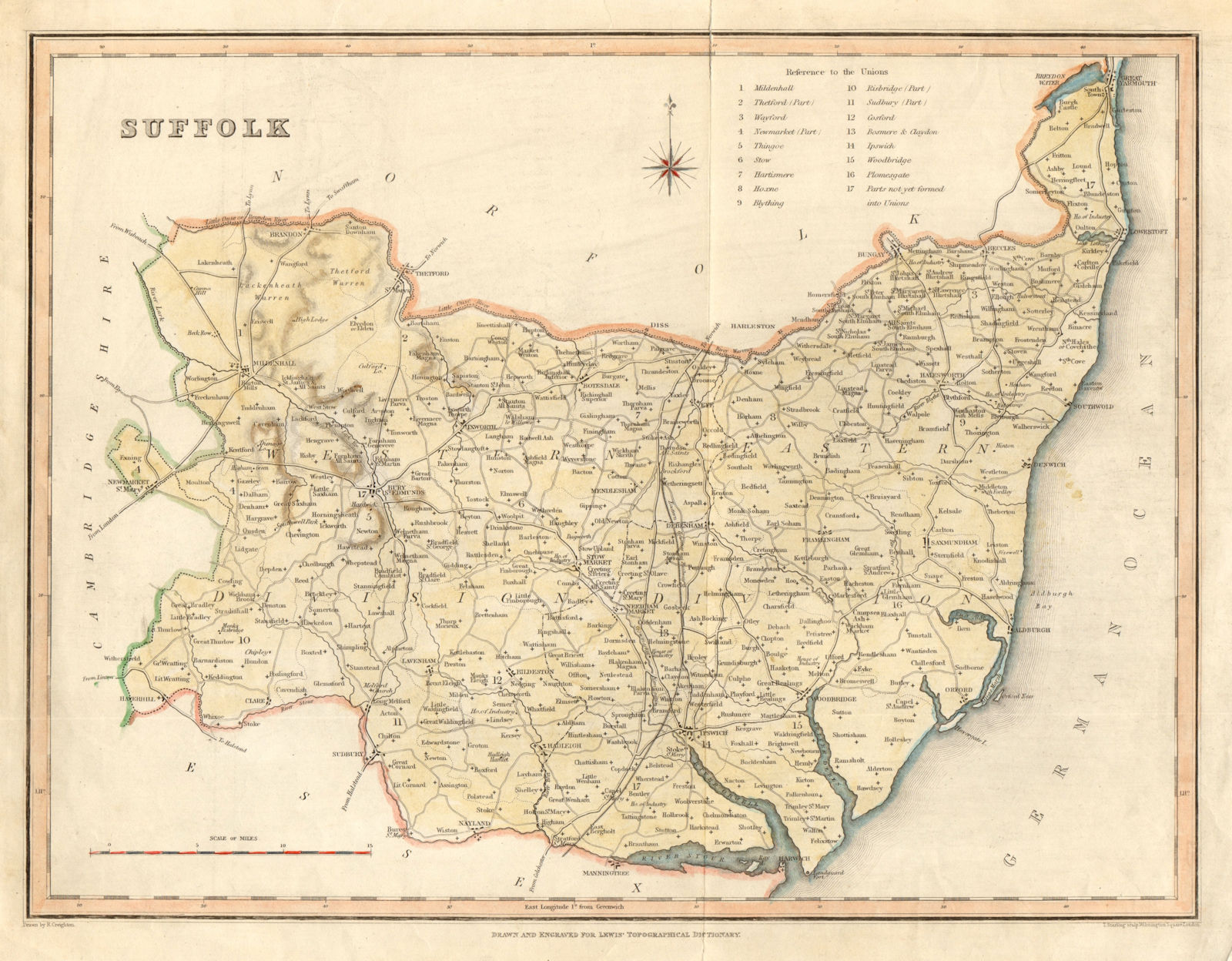 Associate Product Antique county map of SUFFOLK by Creighton & Starling for Lewis c1840 old