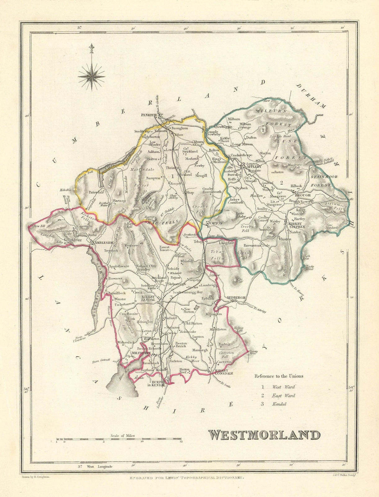 Antique county map of WESTMORLAND by Creighton Walker Lewis. Lake District c1840