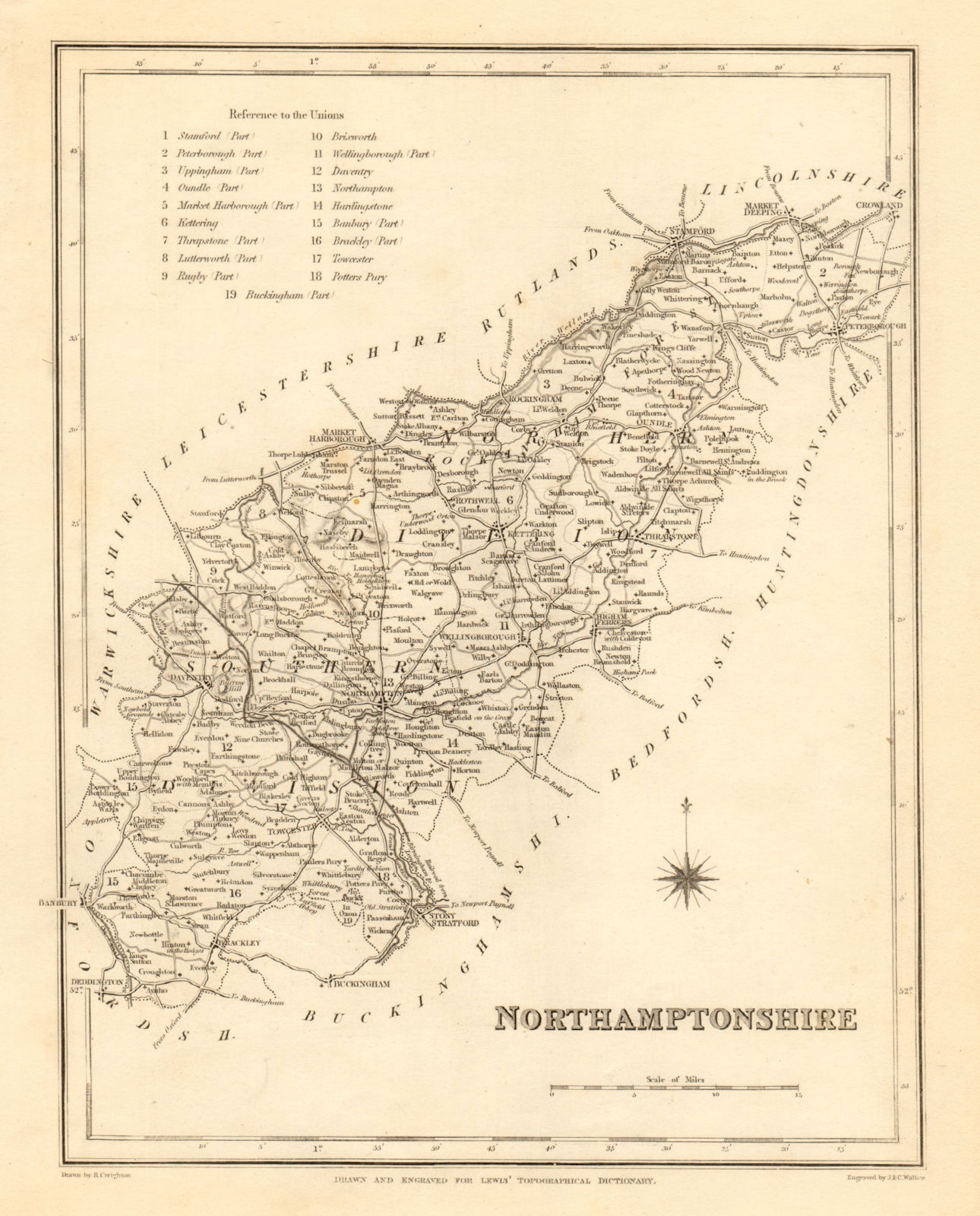 Antique county map of NORTHAMPTONSHIRE. Walker, Creighton & Lewis. Unions c1840