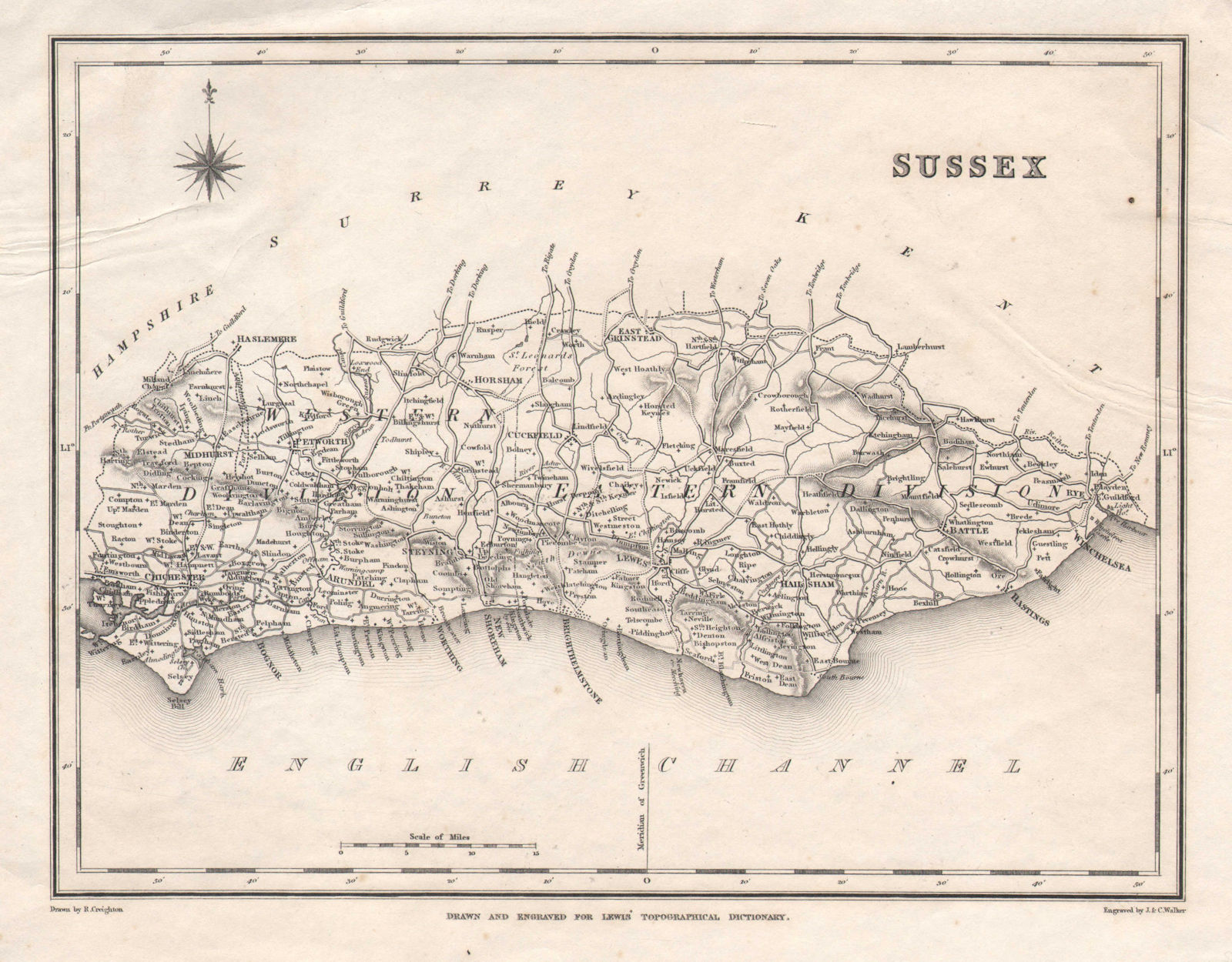 Associate Product Antique county map of SUSSEX by Walker & Creighton for Lewis. Light crease c1840