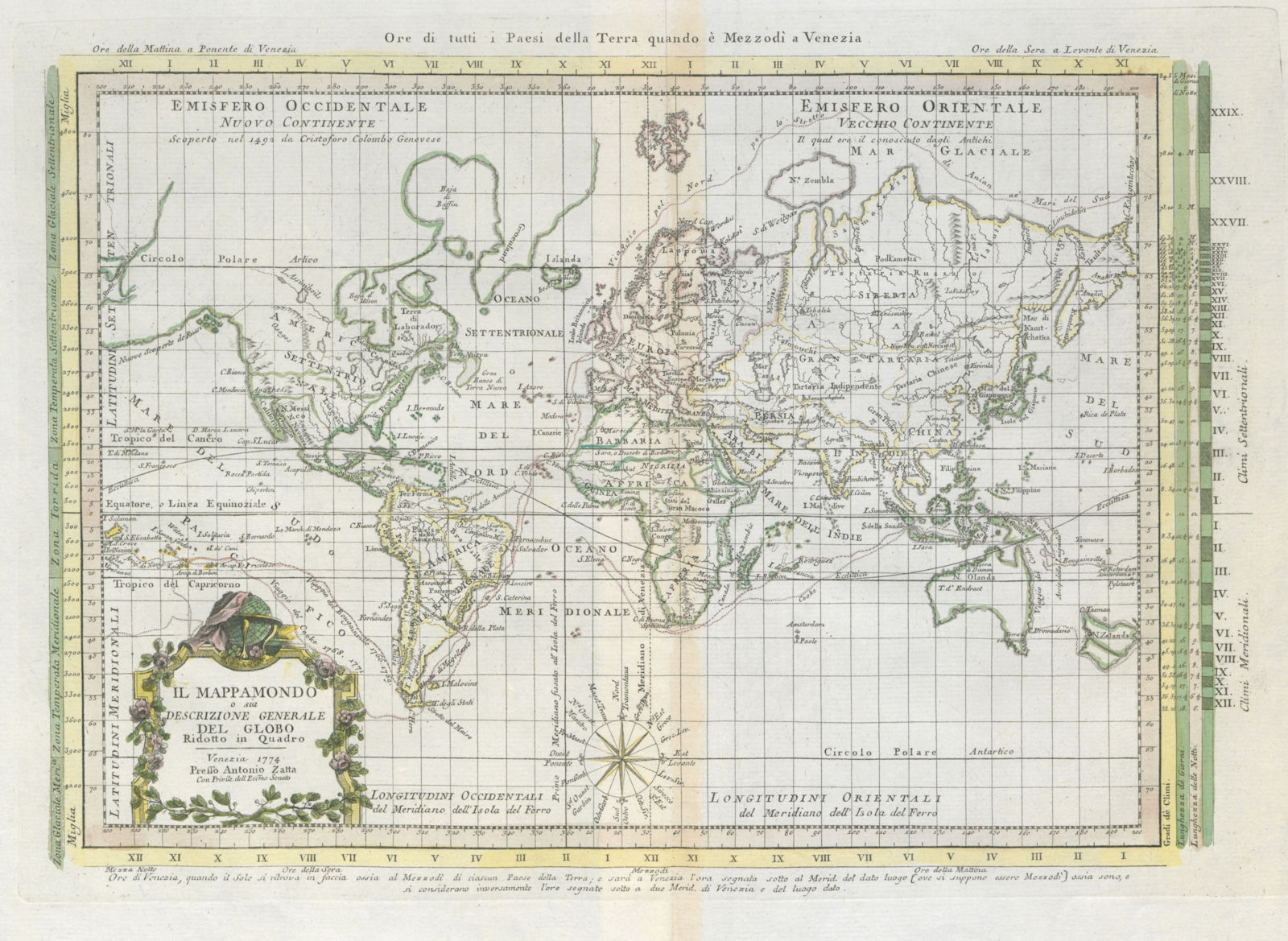 "Il Mappamondo… Ridotto in Quadro". World on Mercator projection. ZATTA 1779