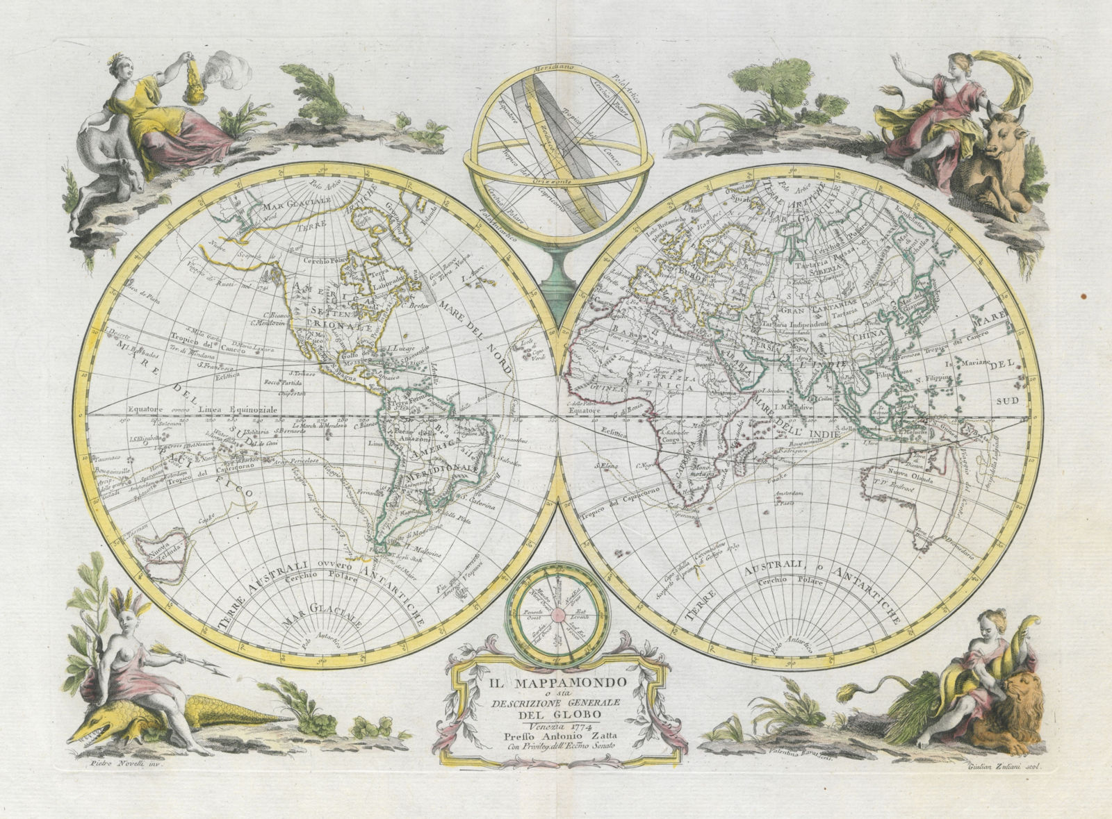 "Il Mappamondo…" World twin hemispheres Cook Bougainville voyages ZATTA 1779