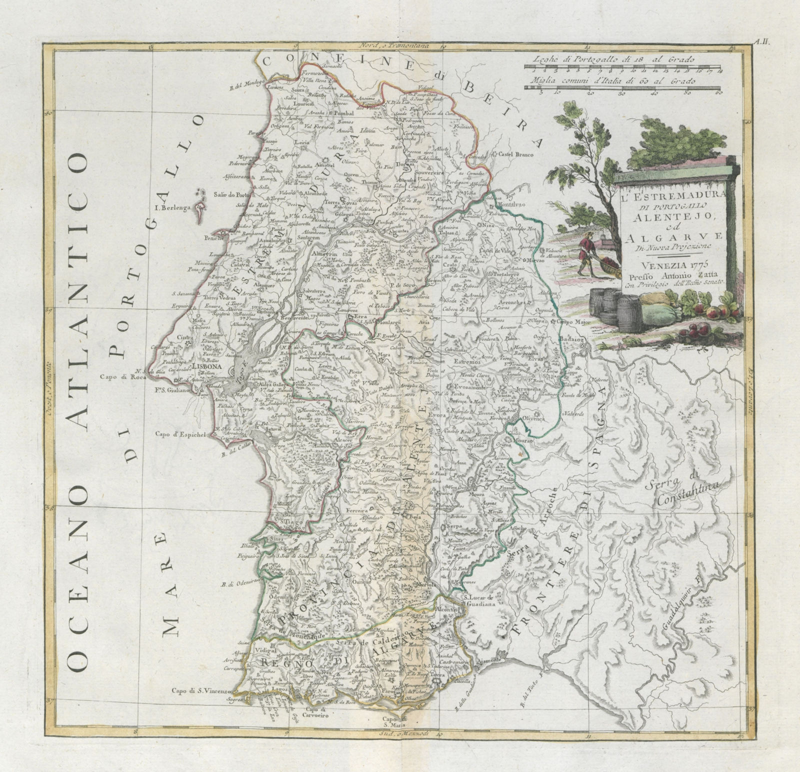 "L'Estremadura di Portogallo, Allentejo, Algarve" Portugal South. ZATTA 1779 map