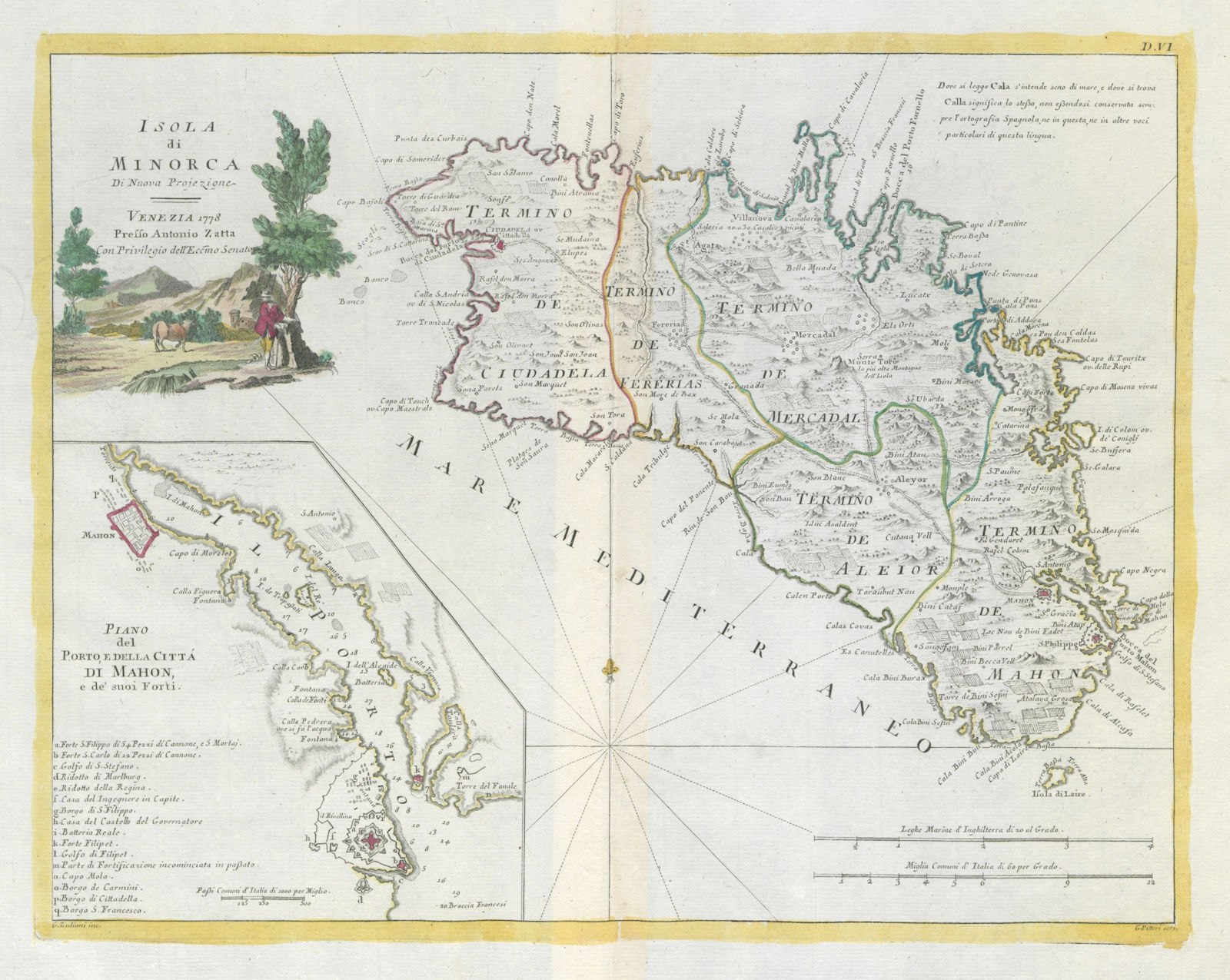 "Isola di Minorca". Menorca. Inset: Mahon plan. ZATTA 1779 old antique map