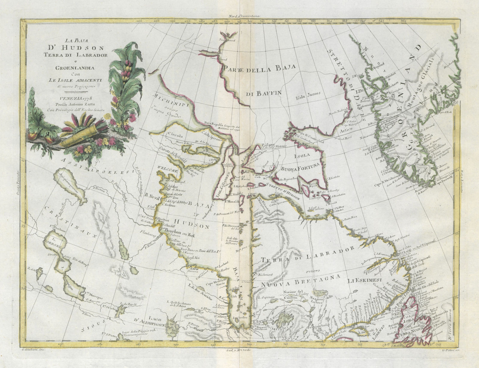 "La Baja d'Hudson, Terra di Labrador…" Hudson Bay & Greenland. ZATTA 1779 map