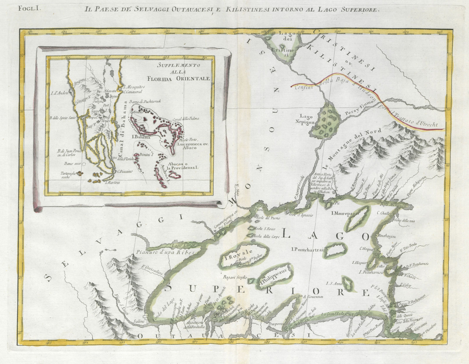 "Il Paese de'Selvaggi Outauacesi…" Lake Superior Florida Bahamas. ZATTA 1779 map