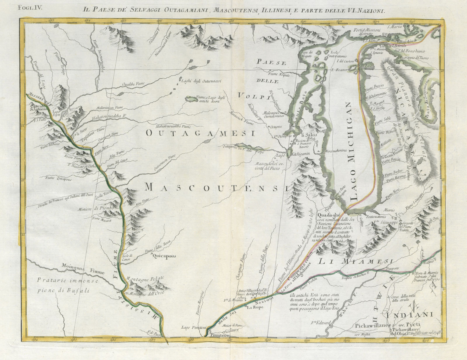 "Il Paese de'Selvaggi Outagamiani…". Midwest US. WI MI IA IN IL. ZATTA 1779 map