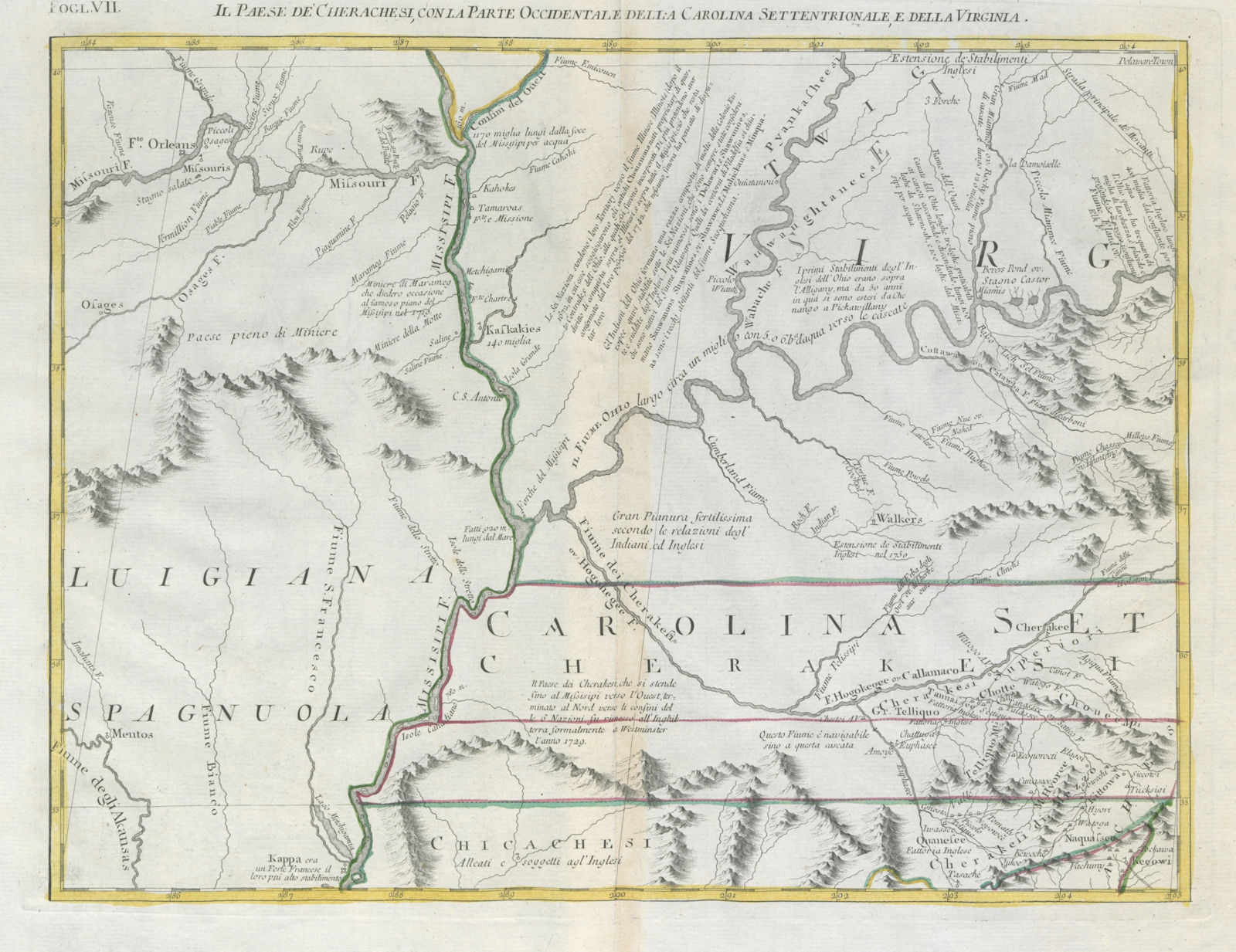 "Il Paese de'Cherachesi…". Cherokee country. Mississippi river. ZATTA 1779 map