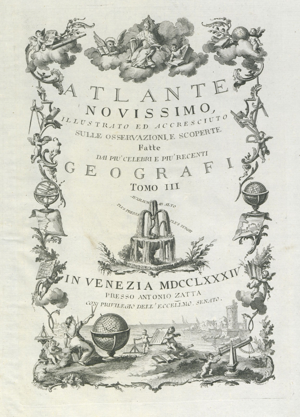 Frontispiece Tomo III. Volume 3 Title page. Atalante Novissimo. ZATTA 1784