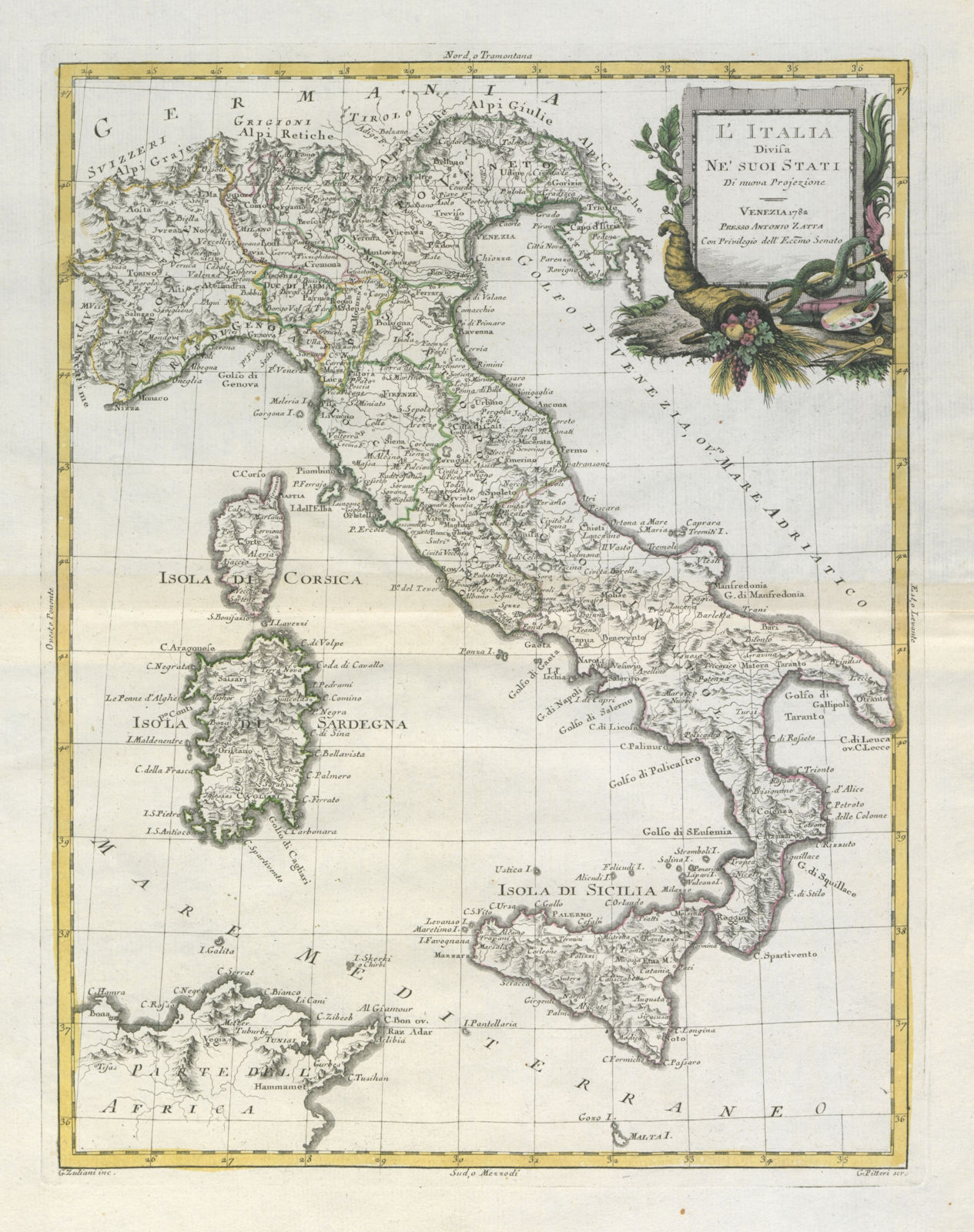 "L'Italia divisa ne' suoi stati". Italy. ZATTA 1784 old antique map plan chart