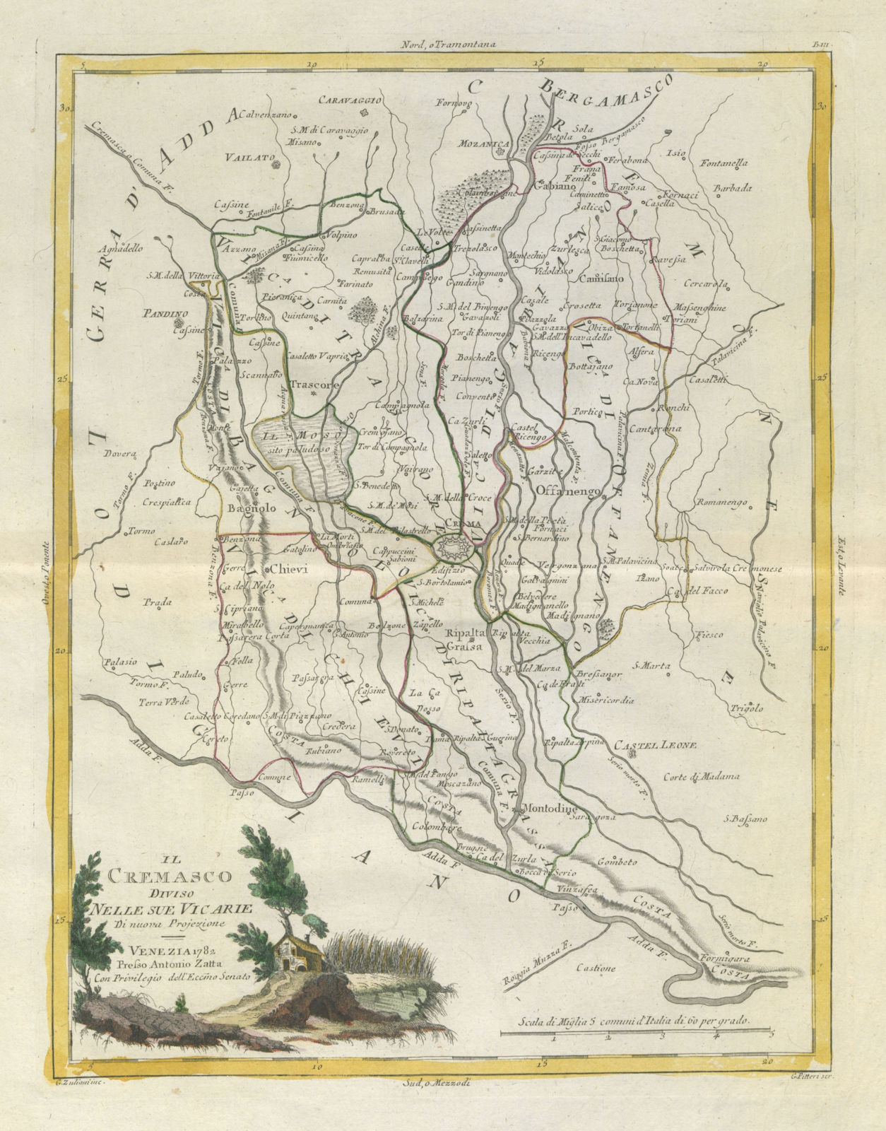 "Il Cremasco diviso nelle sue Vicarie". Northern Cremona. Crema. ZATTA 1784 map