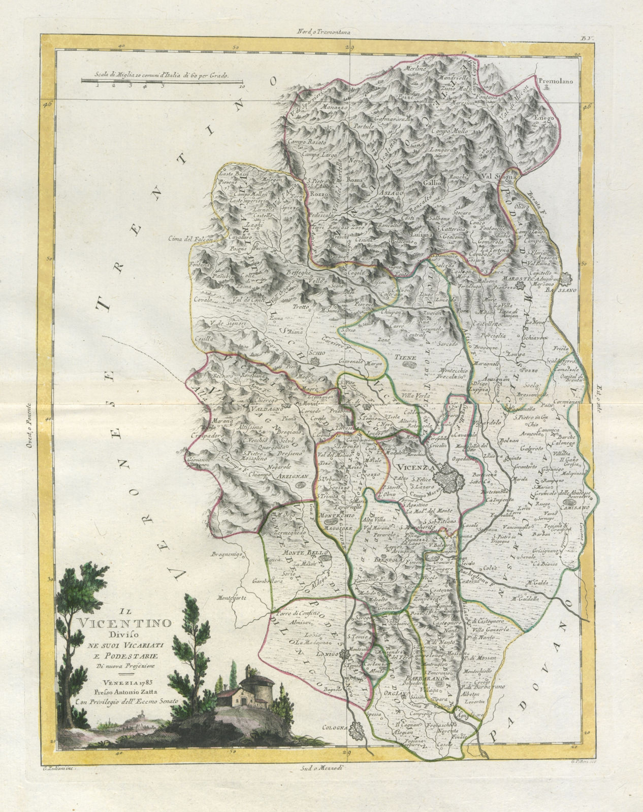 "Il Vicentino diviso ne suoi Vicariati e Podestarie". Vicenza. ZATTA 1784 map