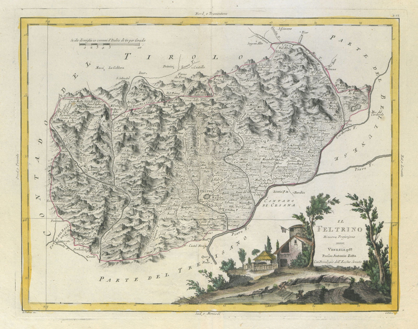 "Il Feltrino". Feltre region, Veneto, Italy. ZATTA 1784 old antique map chart