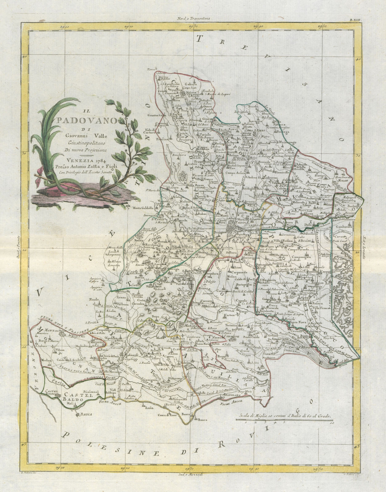 "Il Padovano…". Padua province, Veneto, Italy. ZATTA 1784 old antique map