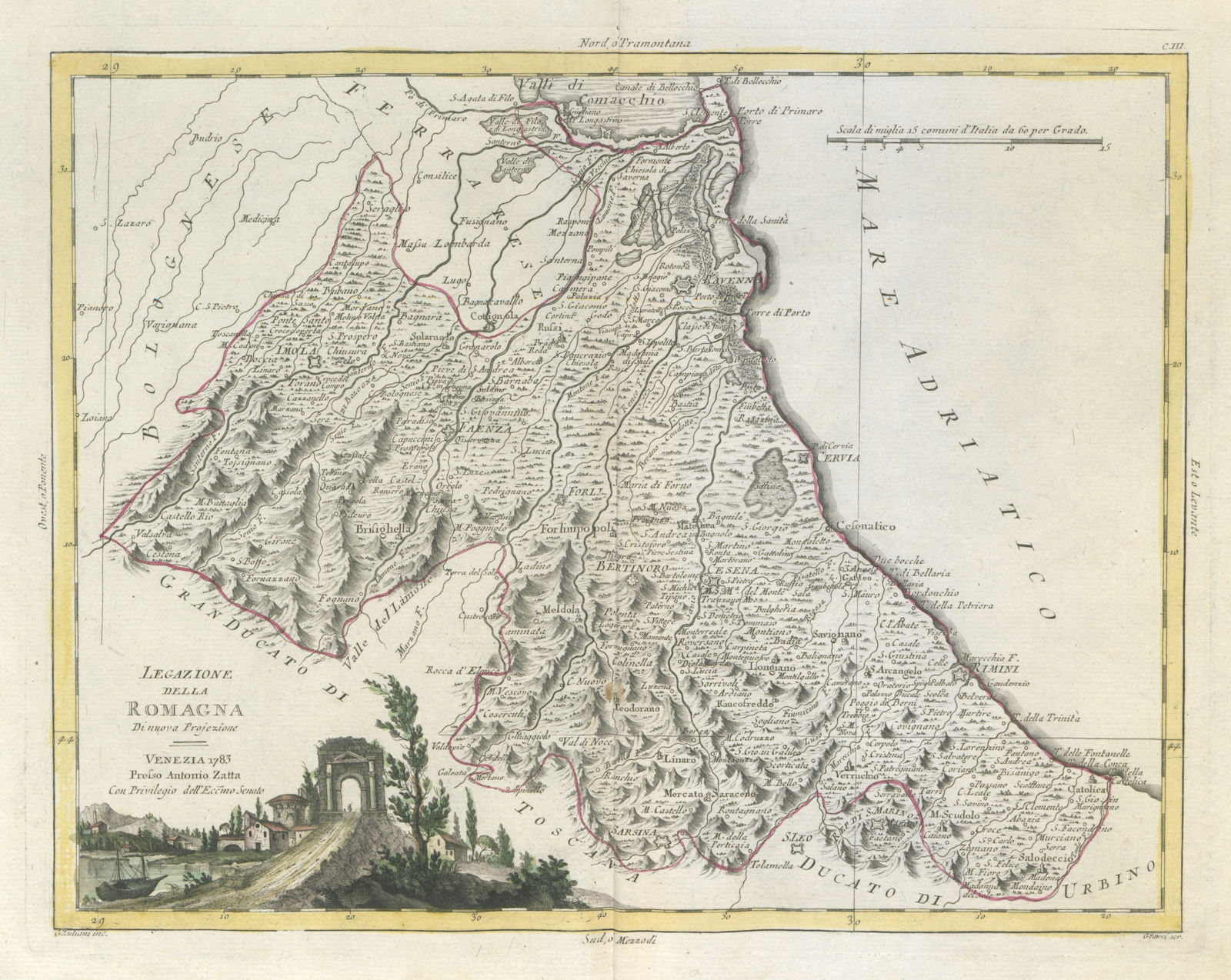 "Legazione della Romagna". Legation of Romagna, Italy. ZATTA 1784 old map