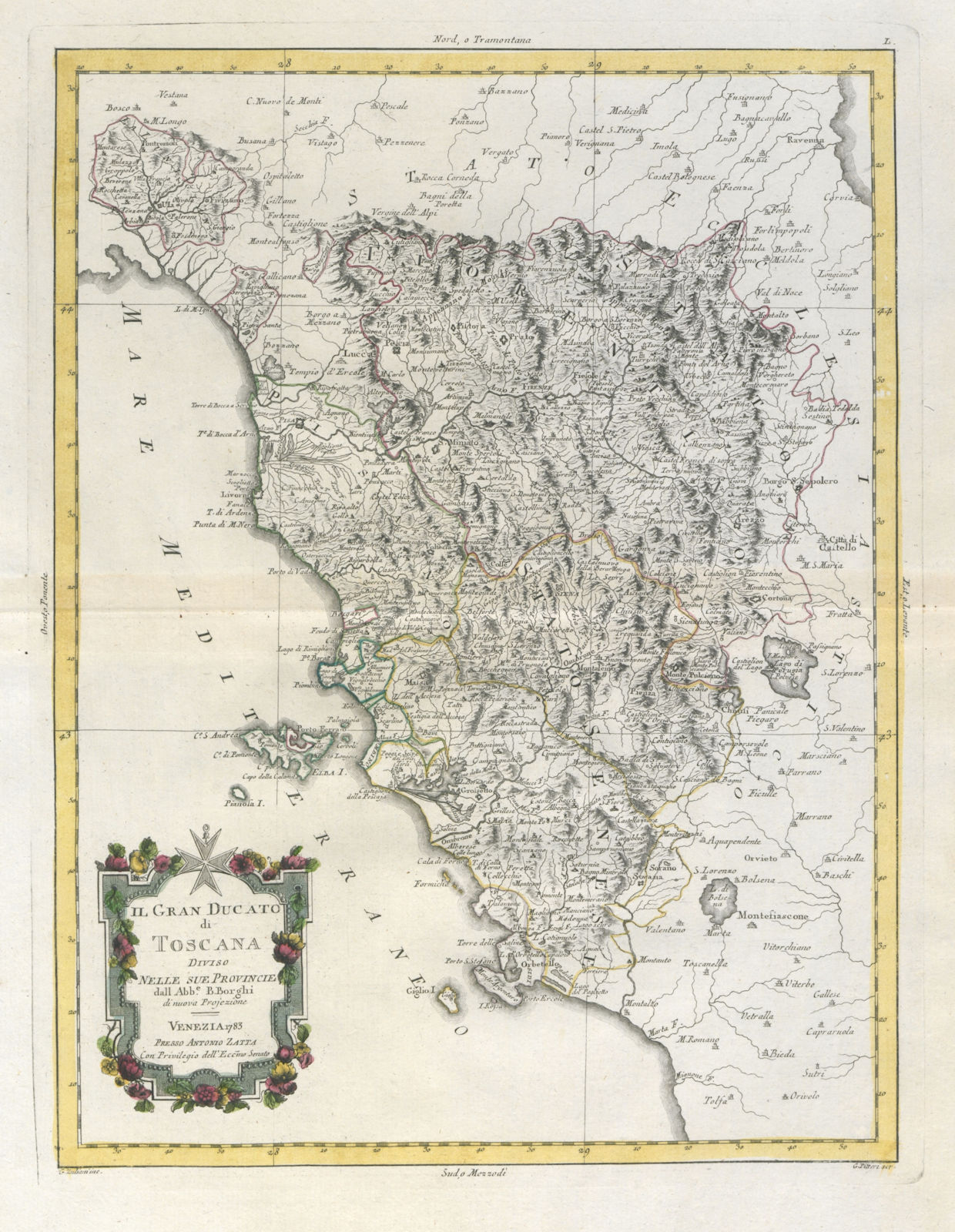 "Il Gran Ducato di Toscana…". Grand Duchy of Tuscany. ZATTA 1784 old map