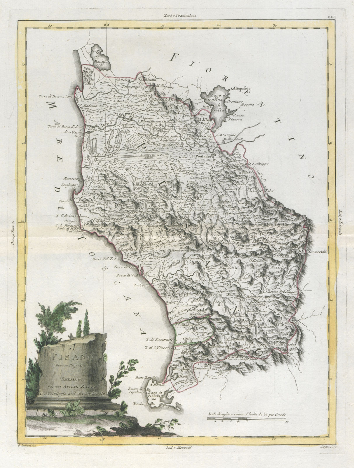 "Il Pisano". Western Tuscany. Pisa & north Livorno. ZATTA 1784 old antique map